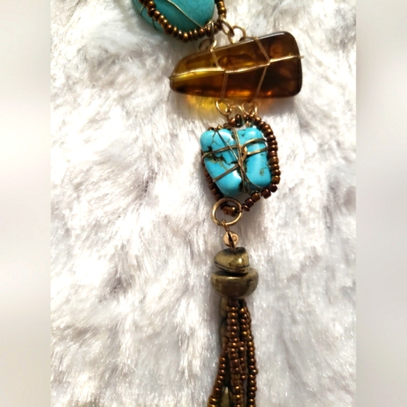 Antique Beautiful Turquoise & Brown Stone Wrapped Gold Tone Wires & Beaded - Picture 6 of 14